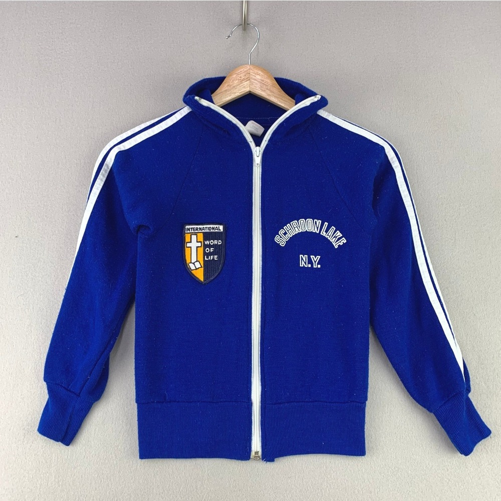 Vintage 70s Bible Camp Track Jacket Kids S‎ 6-8 Blue Full Zip Schroon Lake Retro